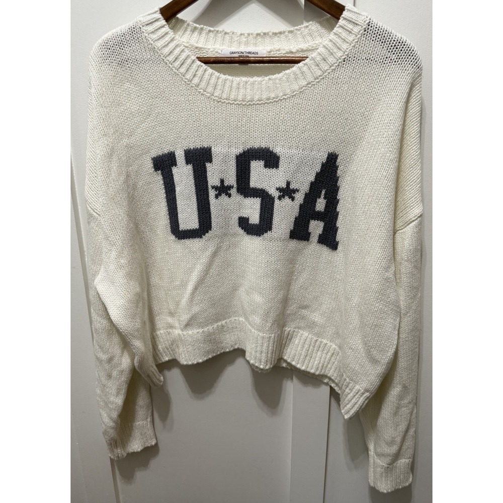 Grayson Threads USA Graphic‎ Sweater - Off-White Cropped Crop Knit XL